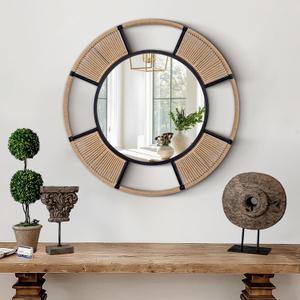 Round Wall Mirror for Wall Decor, 30.5'' Boho Mirror for Dining Room with Detachable Rattan and Black Metal Frame, Round Mirror for Living Room Bathroom Beach Decor