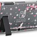 ECHZOVE Cute Glitter Switch Case with Cherry Blossom Flowers – Clear Dockable Protective Cover with Screen Protector & Thumb Grips, Aesthetic Pink Gaming Accessories Gift for Girls