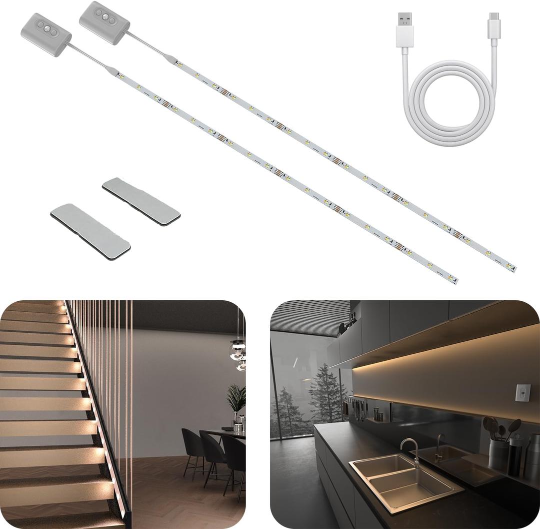 Hapfish Motion Sensor LED Light Strip Indoor, 2PCS Battery Powered Under Cabinet Lighting Wireless, 3 Color Temperatures, 6.6FT Rechargeable LED Counter Closet Strip Lights for Kitchen, Stair, Shelf