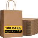 Brown Paper Bags with Handles Bulk 100Pcs 8x4.5x10.8 Inch Gift Bags Bulk, Brown Kraft Paper Bags for Retail, Party, Shopping, Favor