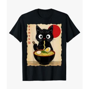 Anime Cat Ramen Japanese Funny Cat Graphic Tees Anime Gifts T-Shirt, L