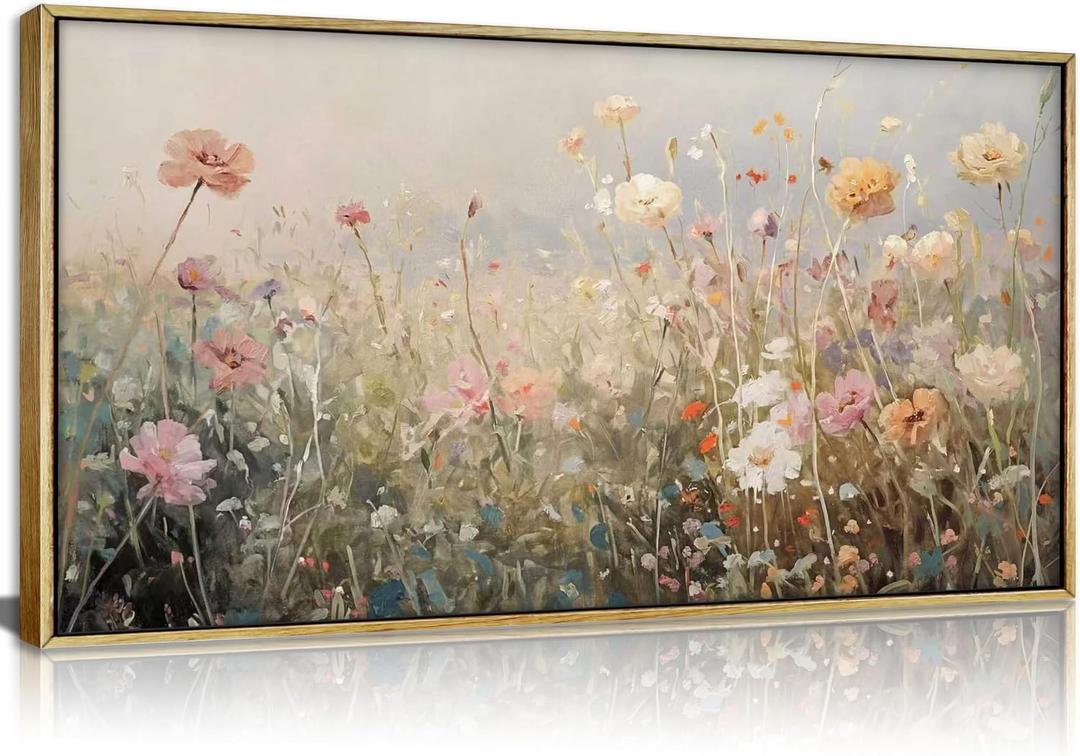 Large Framed Wildflower Wall Art, Vintage Flower Botanical Wall Decor, 32"L x 16"W