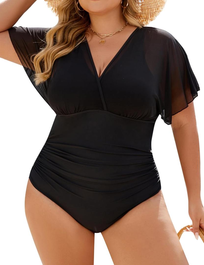 Blooming Jelly Women's Plus Size Swimsuit One Piece Bathing Suit Tummy Control Mesh V Neck Maternity Swimwear (3X-Large, Black)