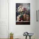 YSPCSUN Still Life Floral Canvas Wall Art Vintage Stacked Books Picture Rustic Farmhouse Decor For Living Room Large Impasto Style Flower Painting Print Gallery Wrapped Framed 36x24 Inch