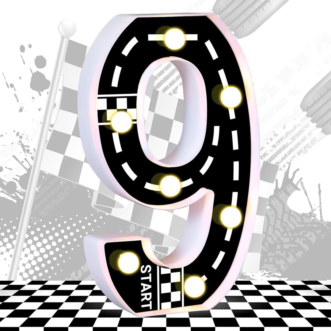 Racing Car Light Up Numbers Checkered Decorations Happy Birthday Light Up Sign Racetrack Inspired Decor Cars Theme Party Decorations Racing Party Supplies (Number 9) (White+Black)