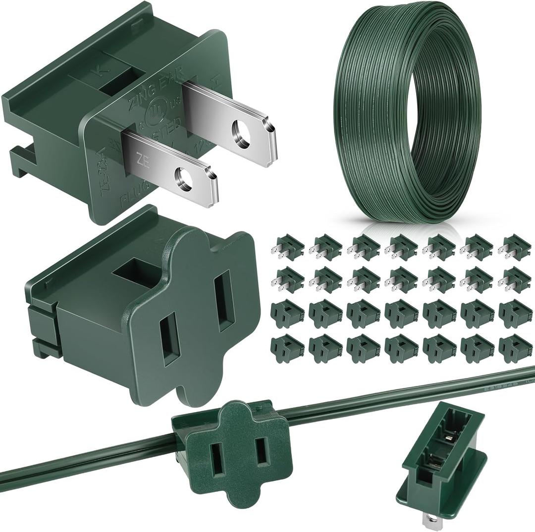 SPT-1 300 ft 18/2 Electrical Wire with 30 Extra Vampire Plugs (15 Male 15 Female) Christmas 18awg Extension Wire Landscape for Christmas Lights Outdoor Decoration(Dark Green)
