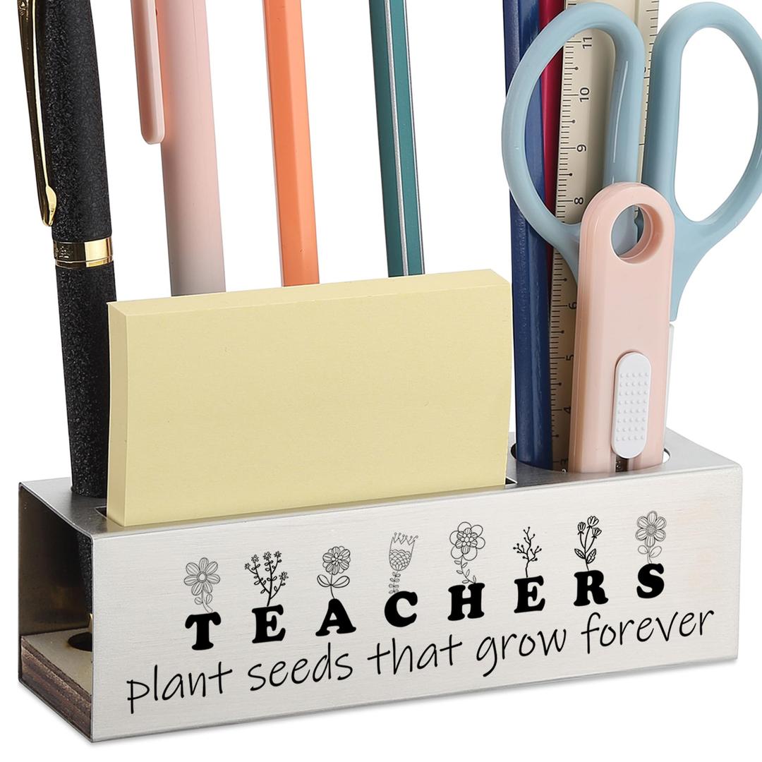 2 x Stainless Steel Pencil Holder with Teacher Quote, Thank You Gift for Women Men Educators, Desk Organizer for Pens Sticky Notes Rulers, Inspirational Classroom Office Decor from Student - FBA394