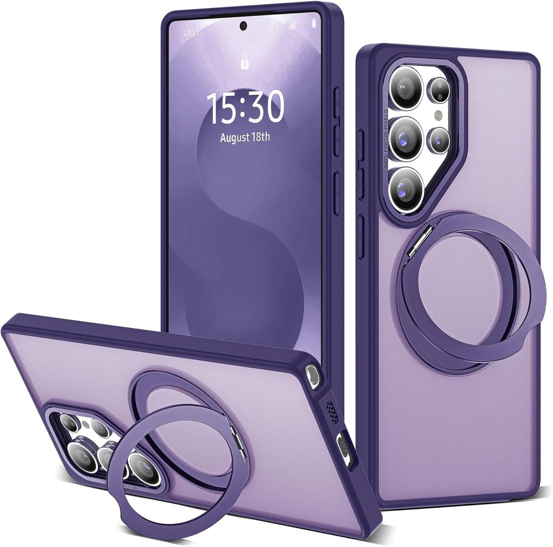 for Samsung Galaxy S25 Ultra Case with 360Rotatable Magnetic Ring Stand Compatible with Mag-Safe Military Protection Shockproof Matte Translucent Phone Cases for S25 Ultra 6.9",Dark Purple