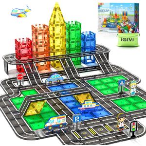 104 PCS Magnetic Tiles Road Set, STEM Construction Toys for Kids Ages 3-5 5-7 4-8, Magnet Building Blocks for Toddler Toys Games, Christmas Birthday Gifts for 3+ Year Old Boys Girls