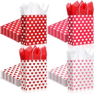 Thenshop 24 Sets Valentine's Day Gift Bags with Tissue Paper Valentine's Day Party Favors Bags with Handles Heart Paper Treat Goodie Candy Decor for Wedding Party Supplies