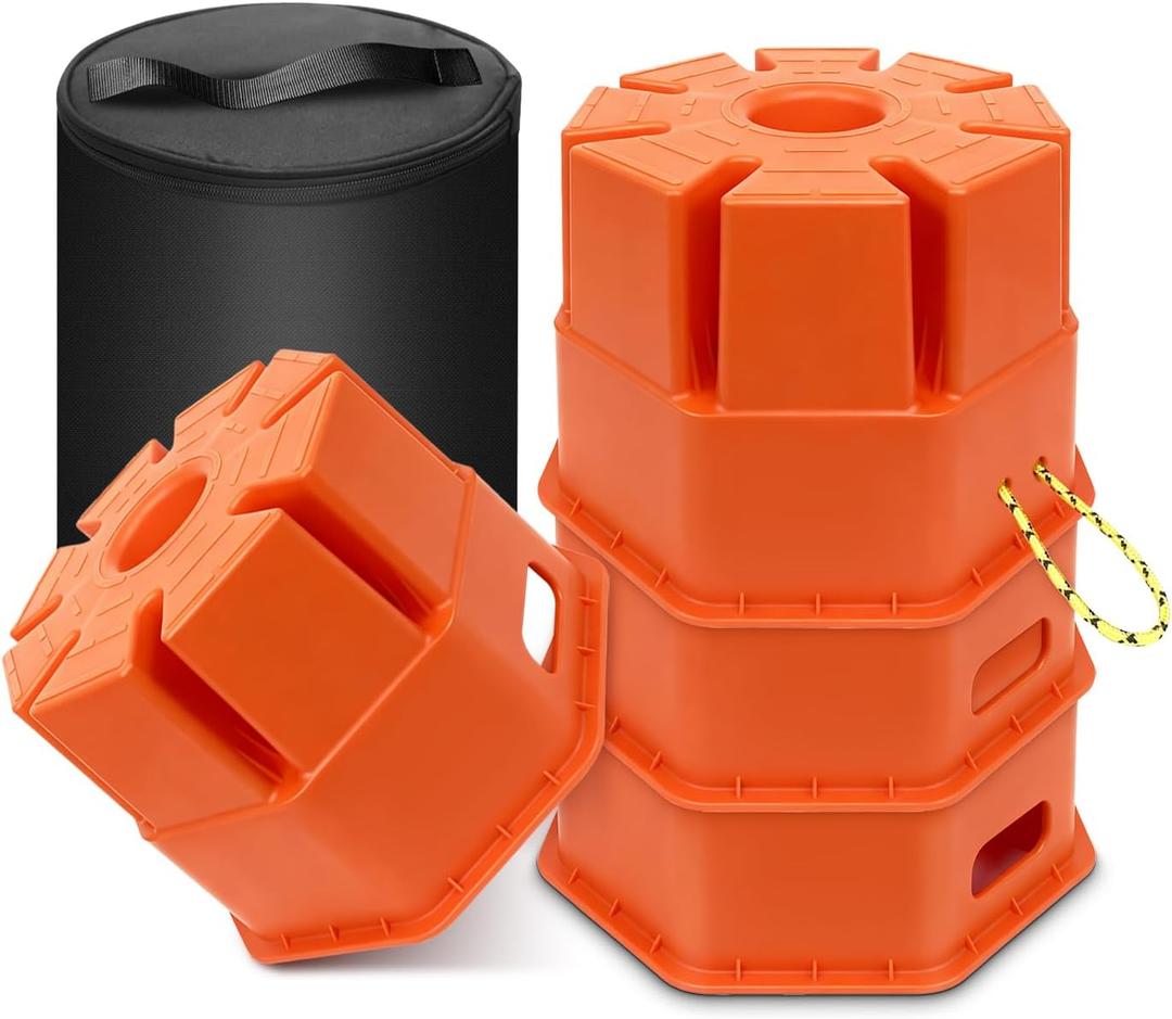 HOXWELL 4PCS 8''H RV Trailer Jack Block with Bag, RV Stabilizer Blocks for Any Tongue Jack, Post, Foot, Round Square or Scissor Stabilizer, Stackable & Portable, Orange