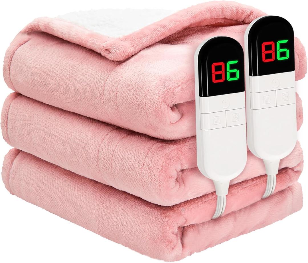 Heated Blanket Queen 84"90" - Premium Cosy Soft Electric Blanket with 6 Heating Levels,Dual Control Fast Heating Flannel Sherpa Blanket for Bed & Couch,Auto Shut Off/Machine Washable (Pink)