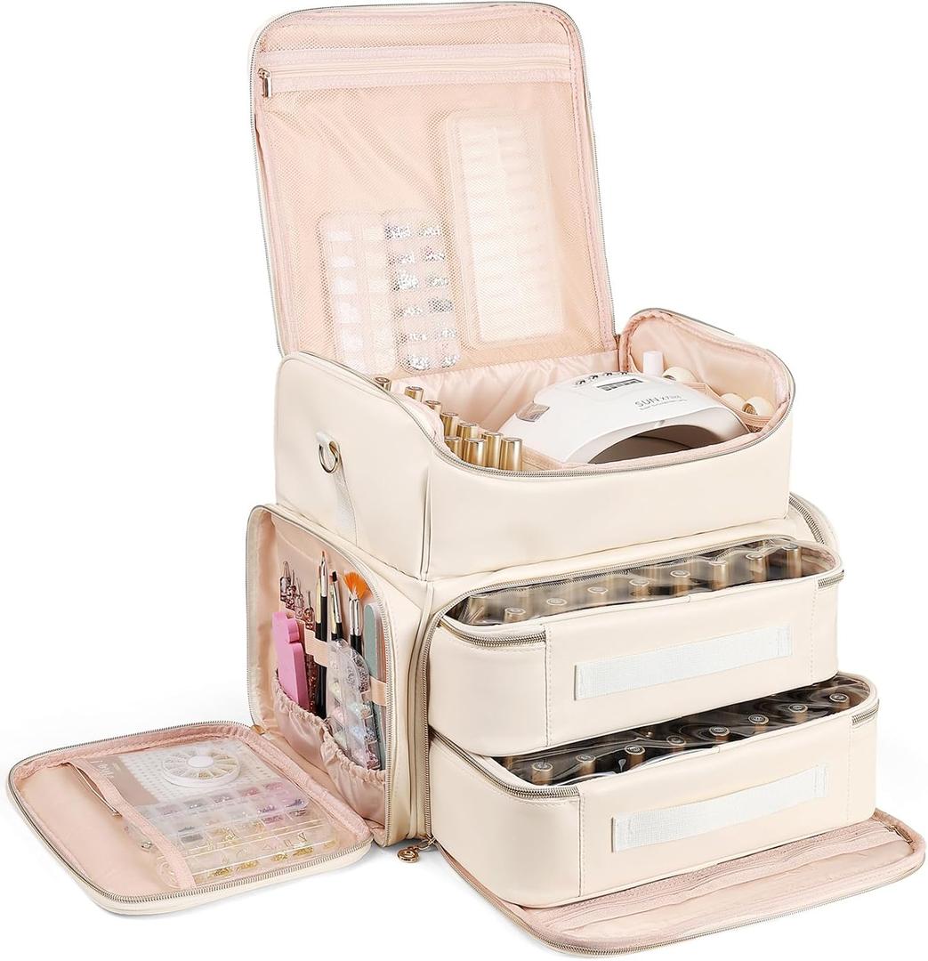 Uross Large Nail Polish Organizer Bag, Holds 98 Bottles, PU Leather- Beige