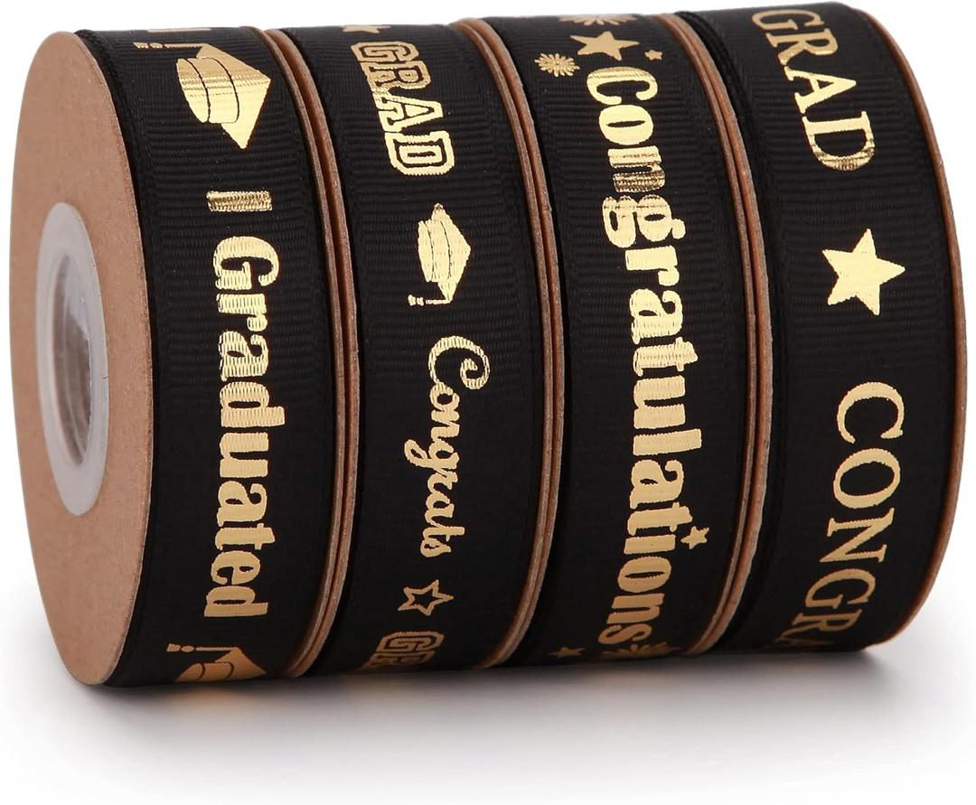 40 Yards Graduation Ribbon Congrats Grad 5/8 Inch Black and Gold Grosgrain Ribbon Use for Gift Wrapping,Graduation Party Decoration (Black)
