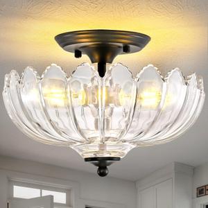 Clear Glass Ceiling Light Fixture - Handmade Art Glass Semi Flush Mount Lighting with 3 E26 Bases, Crystal-Like Transparency for Bedroom Kitchen Hallway, Modern Vintage Home Decor
