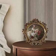 Vintage Style Picture Frame Tabletop Wall Mounting Floral Embossed Painting Frame Photo Gallery Baroque Photo Frame for New Year Living Room, Round