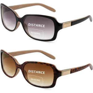 JM 2 Pack Classic Bifocal Reading Glasses Square Stylish Gradient Sunglasses Readers for Women +1.0 (Black & Tortoise)