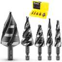 Four Spiral Flute Step Drill Bit Set, 5 Pieces 1/8"-1-3/8" HSS Unibit Step Drill Bit, 1/4" and 3/8" Shank Step Bits for Metal, Aluminum, Wood, Plastic