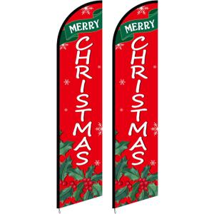 Remagr 2 Pcs Merry Christmas Feather Flag 2.5 x 12 ft Christmas Feather Banner Weather-resistant Knitted Polyester Stand Signs for Businesses Advertising Xmas Outdoor Home Decor - Flag Only
