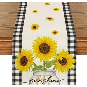 Artoid Mode Buffalo Plaid Sunflower Sunshine Vase Summer Table Runner, Spring Kitchen Dining Table Decoration for Home Party Decor 13x90 Inch