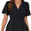 GRACE KARIN 2025 Women's Business Casual Outfits Peplum Tops Dressy Summer Short Sleeve V Neck Wrap Work Blouse Shirts, Size Large
