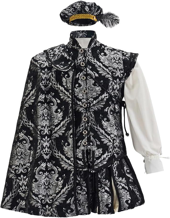 Willyacos Men's Tudor Elizabethan Period Costume Royal Pince Tudor King Costume Nobleman Costume Vest Pants Hat Cape (Large)