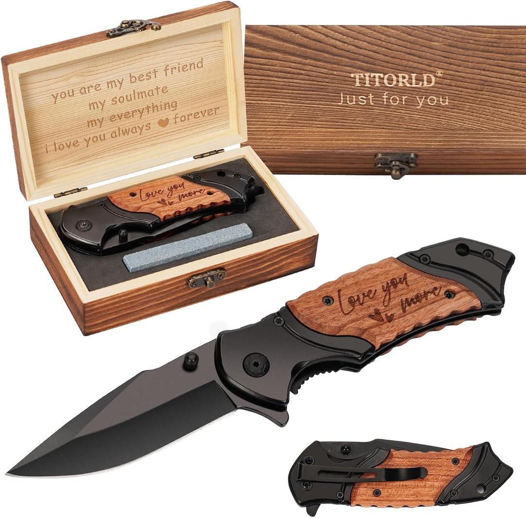 Gifts for Men Him Husband Valentines Day, Anniversary Birthday Gifts for Him Boyfriend, Birthday Gift ideas, Engraved Pocket Knife, Wooden Handle Folding Knife with Wood Box, Personalized Men's knife