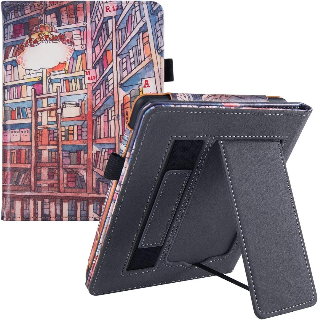 BOZHUORUI Stand Case for 6.8" Kindle Paperwhite 11th Generation - 2021 & Paperwhite Signature Edition e-Reader - PU Leather Sleeve Cover with Hand Strap/Auto Wake/Sleep, Bookstore