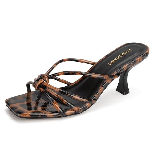 LOOPCHARM Women's Strappy Square Open Toe Kitten Heels Sandals Knotted Design Summer Fashion Slip On Mule Style,LEOPARD PU, Size 6