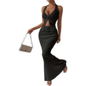 SOLY HUX Women's Two Piece Outfits Twist Front Halter Cami Tops and Skirt Summer Set (Medium, Pure Black)