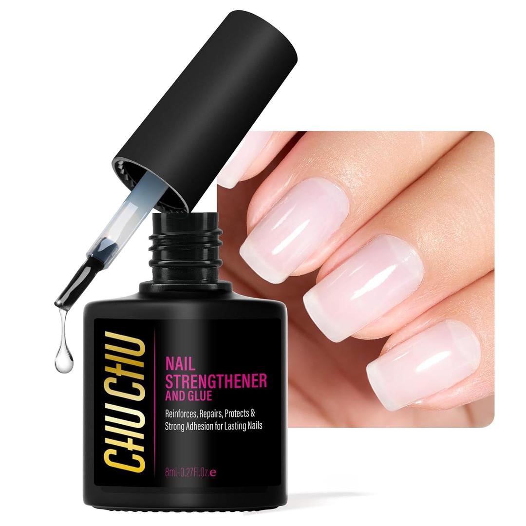2 x Nail Strengthener Base Coat Clear: Extra Strong Long Lasting for Damaged Peeling Thin Nails - Nail Adhesive Gel Glue for Women Home Manicure Beginners Salon Need UV Cured