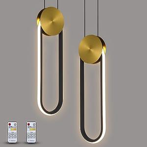 Modern Pendant Lights Fixtures Set of 2, LED Black and Gold Dimmable Pendant Light for Kitchen Island, Small Kitchen Pendant Lighting with RC, Oval Adjustable Hanging Lamp for Dining Room Bar Bathroom 2 Pcs