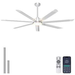 Ohniyou 72'' Large Ceiling Fan with Lights, High CFM Industrial Ceiling Fan with Remote/APP, 7 Aluminum Blades, Dimmable, for Outdoor Patio, Shop, Garage, Silver, 72 Inch, With Light