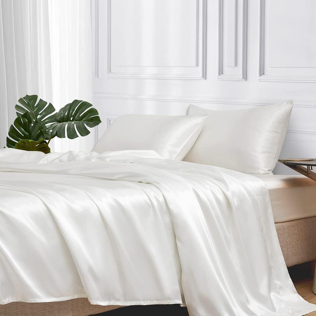 MR&HM Satin Bed Sheets, Queen Size Sheets Set, 4 Pcs Silky Bedding Set with 15 Inches Deep Pocket for Mattress (Queen, Ivory) (Queen, 06- Ivory)