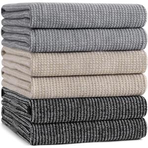 Mordimy Premium Kitchen Towels 6 Pack (18 x 28 Inches, Grey/Khaki/Black), Large Cotton Flat & Terry Kitchen Hand Towel, Super Absorbent Tea Dishtowels Set with Hanging Loop