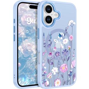 BENTOBEN Magnetic for iPhone 16 Case with Cute Flowers Floral Design Shockproof Protective Bumper Pattern, [Compatible with MagSafe] Translucent Matte Women Girl Protective Cover for iPhone 16, Blue