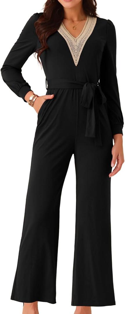 Seta T Women's Long Sleeve Jumpsuit V Neck Belted Stretchy Wide Leg Long Pant Casual Romper with Pockets (X-Large, Black)