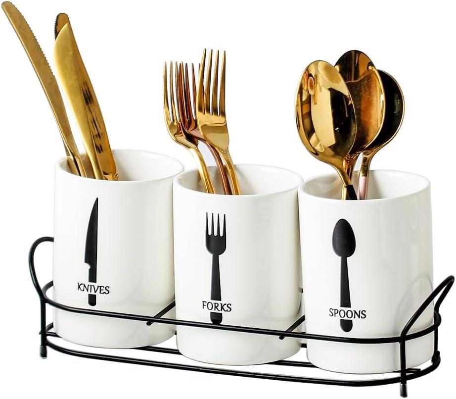 3-Piece White Ceramic Silverware Cutlery Holder with Black Metal Rack, Utensil Holder Flatware Caddy Cutlery Storage Organizer for Kitchen and Countertop (White)