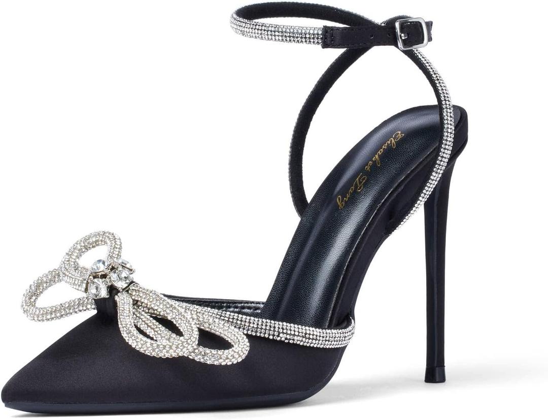 Elisabet Tang Women's High Heel Pumps,Satin Rhinestone Bowknot Lace Up Sandals Pointed Toe Ankle Buckle Straps Pump Stiletto Sandals (7, Black)