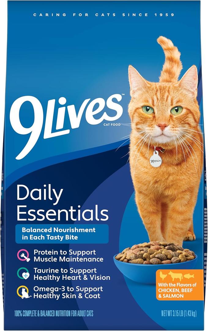 9Lives Daily Essentials Dry Cat Food for Adult Cats with Chicken, Beef & Salmon Flavors, 3.15 lb. Bag (Pack of 4) (EXP 05/08/27)