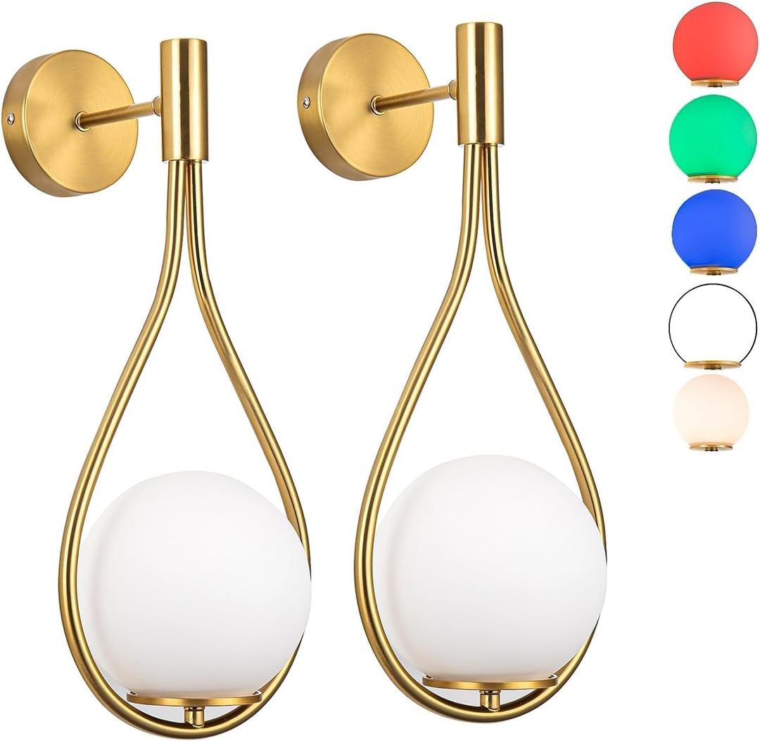 Pack Wall Sconces/Wall Lights, Not Hardwired Brass Gold -White Glass Globe Wall Lamps, Wireless Light Fixture for Bedroom, Living Room, Bathroom, Hallway (GD)