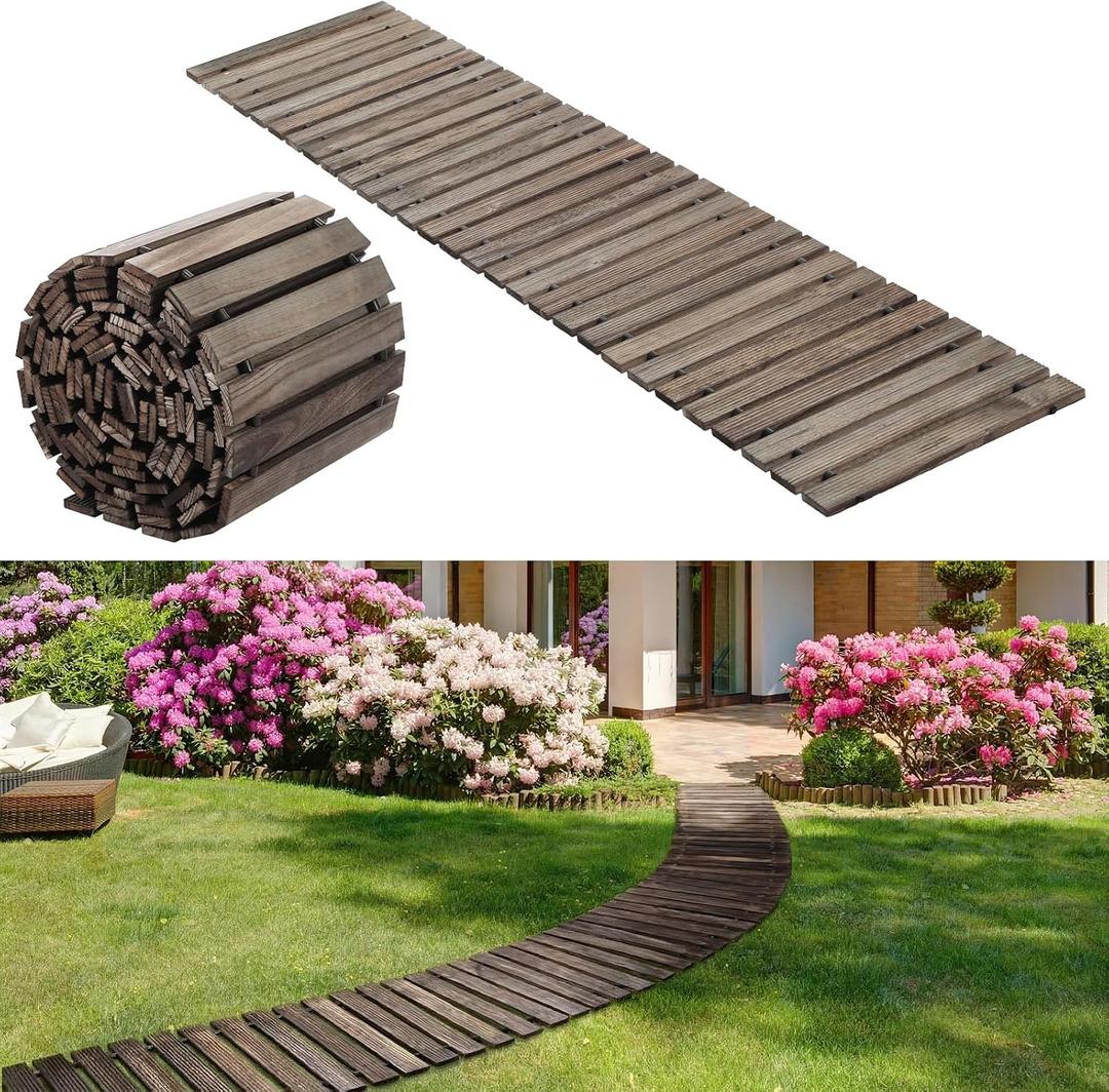 Landical 24ft Wooden Garden Pathway with Non Slip Surface Roll Out Boardwalk Walkways Road Floor Pathway Rustic Path Decorative Patio Pavers for Outdoor Garden Beach Wedding Party (Gray)