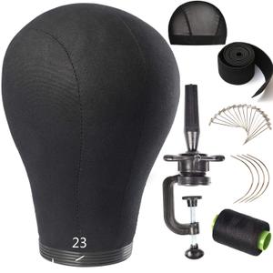 Wig Head Stand Mannequin Head 20"-24" Dome Cork Canvas Manican Block Head for Making Drying Styling Display Wigs with Stand (23 Inch, Black)