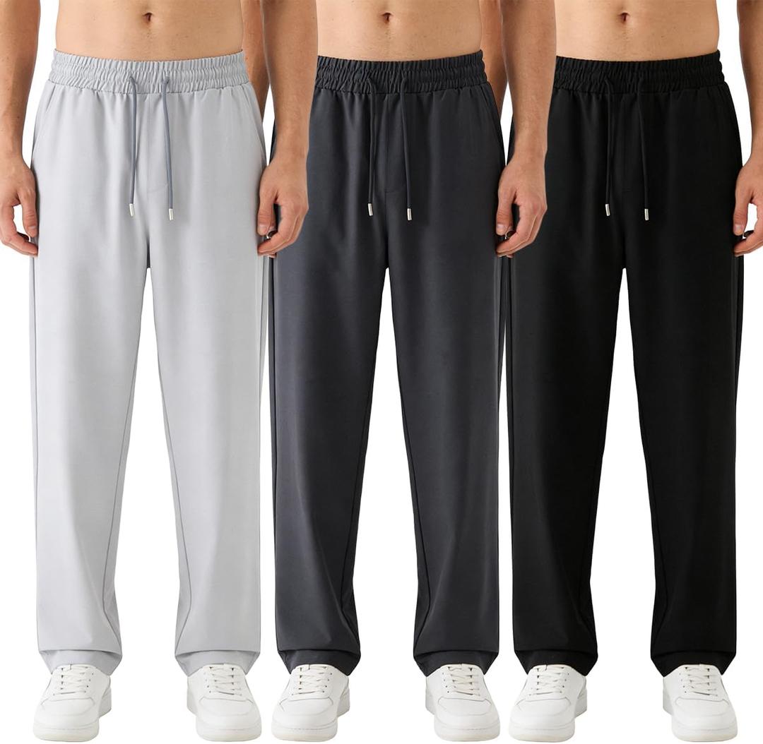 3 Pack Joggers for Men Quick Dry Loose Sport Running Trousers Wide Leg Elastic Waist Drawstring Pants (Black, XL)