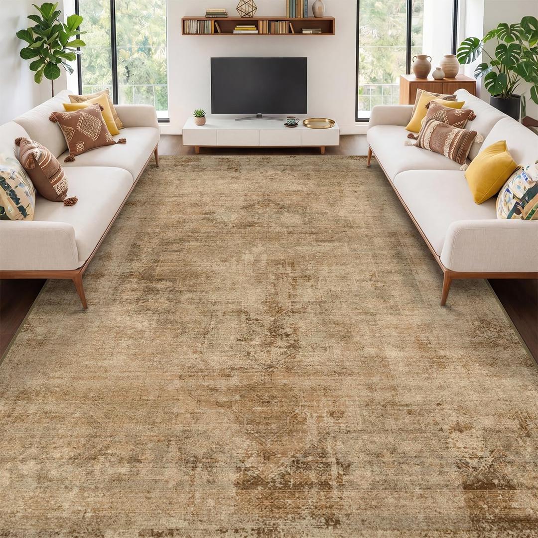 Hazo Haus Farmhouse 8x10 Rugs for Living Room - Brown and Gold Dining Room Area Rugs for Bedroom, Washable, Soft, Lightweight & Stain Resistance, Neutral Dark Vintage Medallion Decor