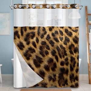 No Hook Shower Curtain with Snap in Liner, Modern Fashion Leopard Print with Mesh Top Window, Waterproof Double Layer Glam Bathroom Decor, 71 x 74 Inch