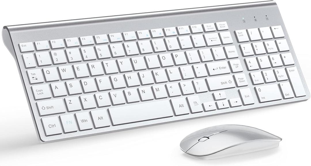 TopMate Wireless Keyboard and Mouse Ultra Slim Combo, 2.4G Silent Compact USB 2400DPI Mouse and Scissor Switch Keyboard Set with Cover, Batteries Included, for PC/Laptop/Windows/Mac - Silver White