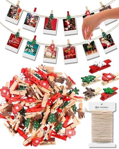 Wooden Clips, Tiny Clothes Pins for Photos, Christmas Small Clothespins Decorative Colored Close Pins for Crafts Picture Cards Hanging, 50 PCS with 33FT Hemp Rope
