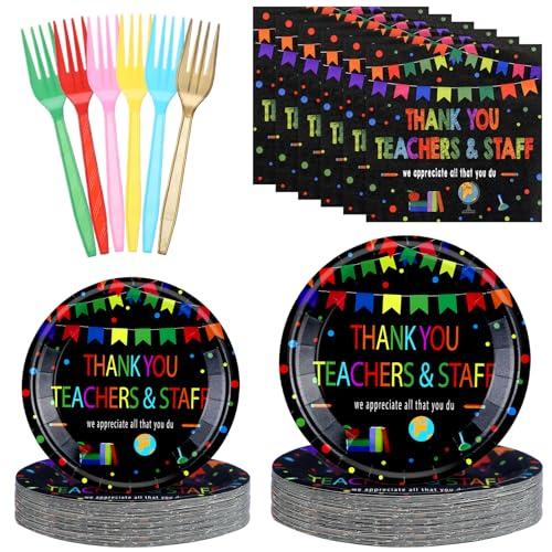 96 Pcs Teacher Appreciation Week Supplies Thank You Teacher and Staff Tableware for 24 Guest Disposable Plate Napkin Fork for 2026 Teacher's Day Graduation End of Year Party Supplies(Black,Classic)