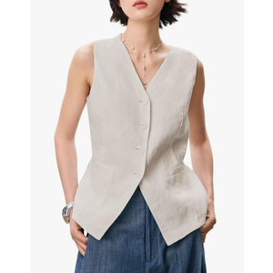 Women's Classic Linen Suit Vest Single Breasted Breathable Casual Sleeveless Waistcoat, Size M